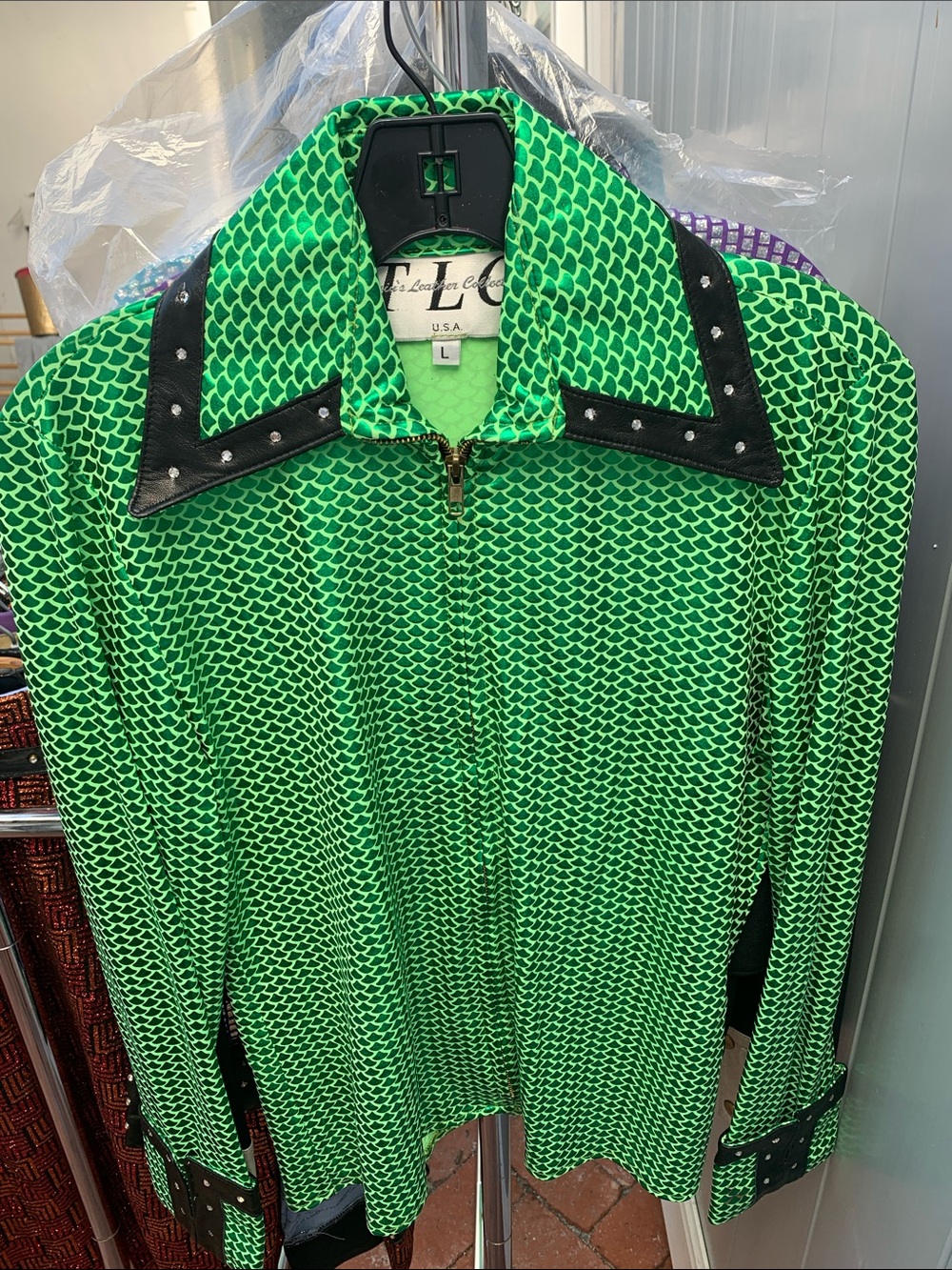 TLC Green Patterned Zip-Front Blouse with Black Stud Trim